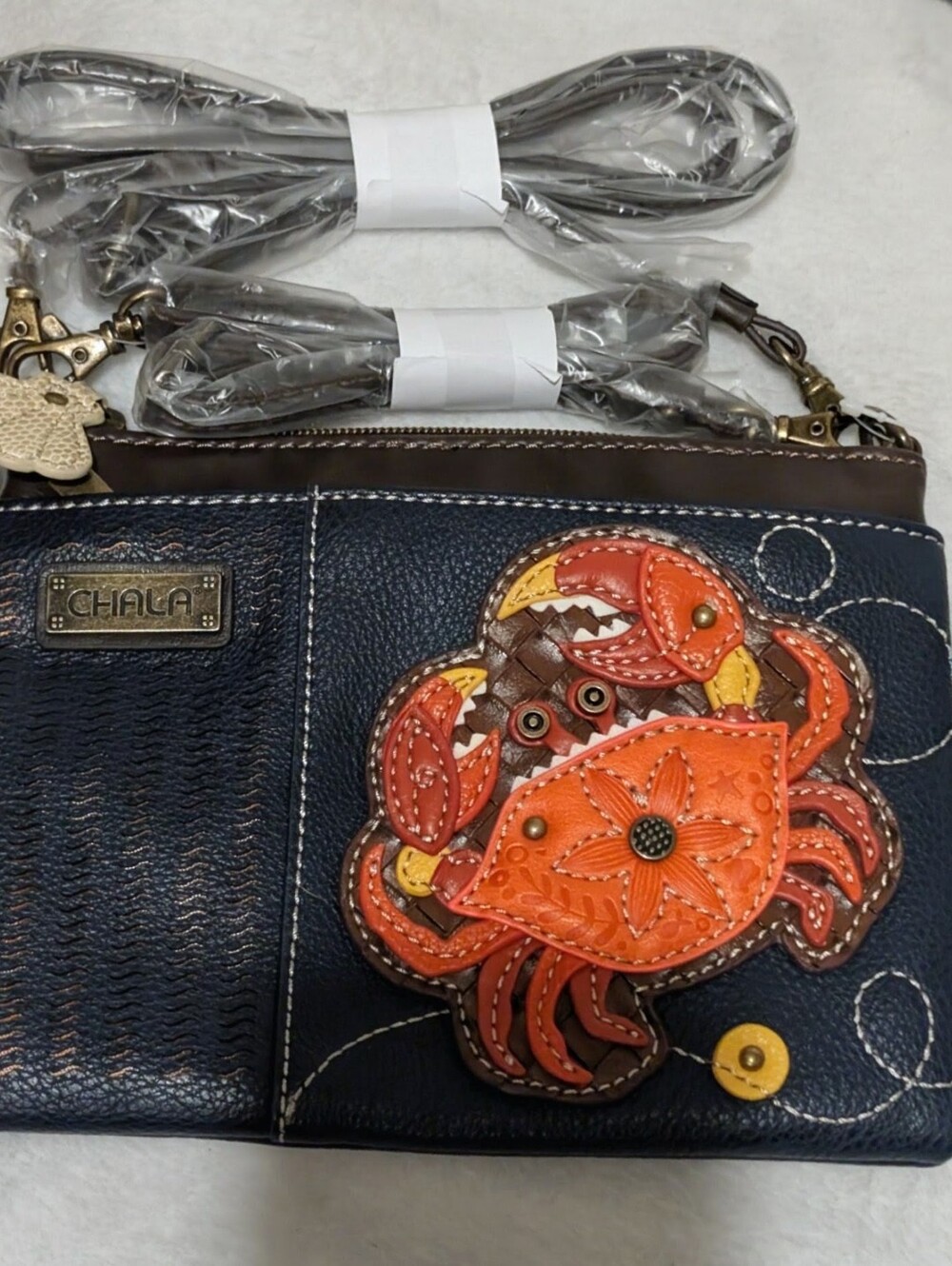 NWT Chala Navy Crossbody Double Straps with Orange & Red Crab Applique